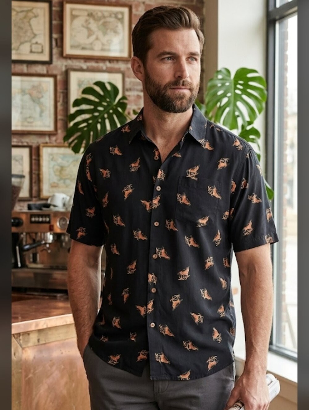 Cutter & Buck Black Short-Sleeve Button-Up Shirt with Orange Pattern